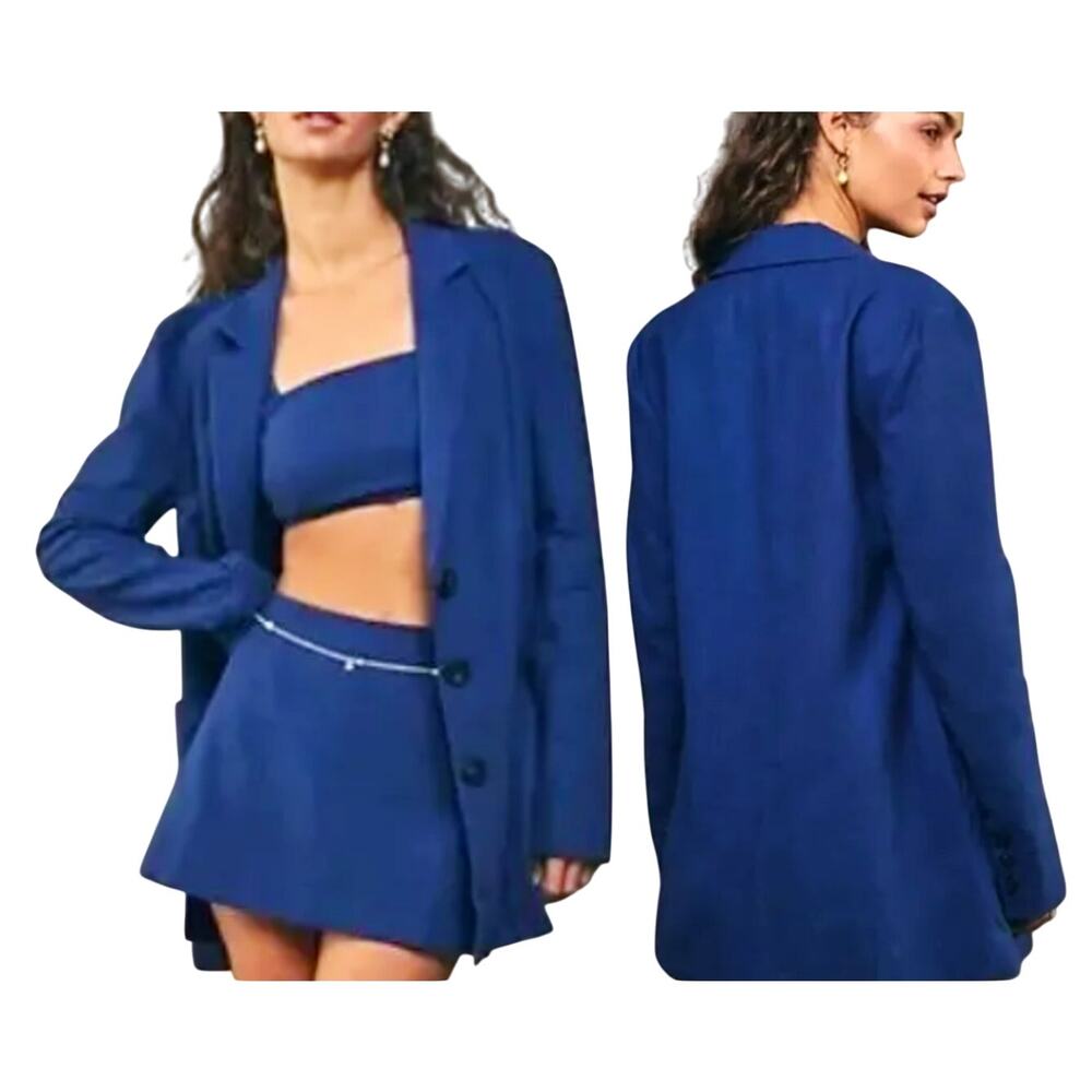 Free People Women's Marni Blue Linen -Blend Oversized Suit Blazer Sz Large NWOT